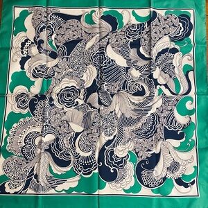 VTG 70s Silk Scarf Abstract Floral Green Navy White Square 26x26”